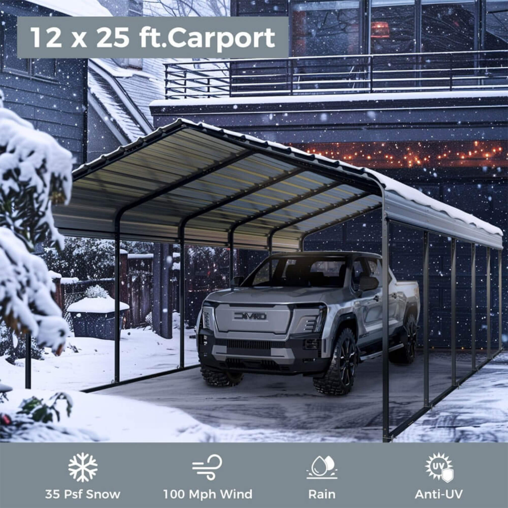 [12x25FT] Heavy Duty Extra Large Multi Vehicle Carport Kit With Galvanized Steel Roof (SAK37514) - Energize Trek