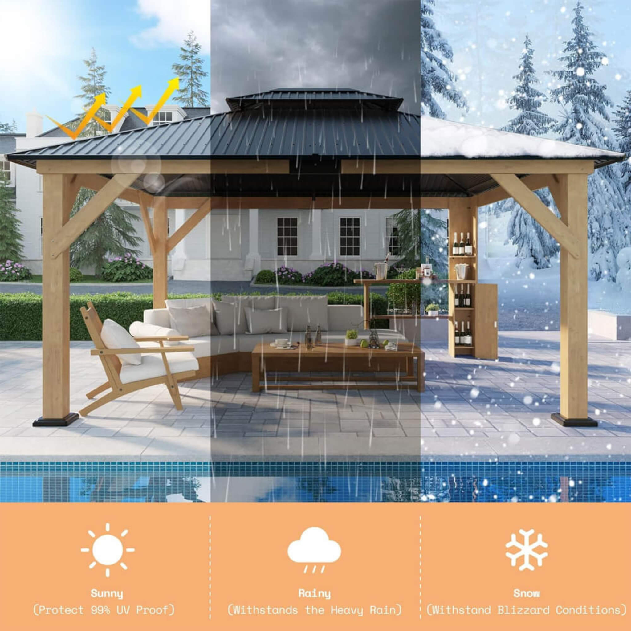 [13x15FT] Premium Outdoor All-Season Wooden Cedar Hardtop Gazebo Carport With Double Iron Roof (SAK35187) - Energize Trek