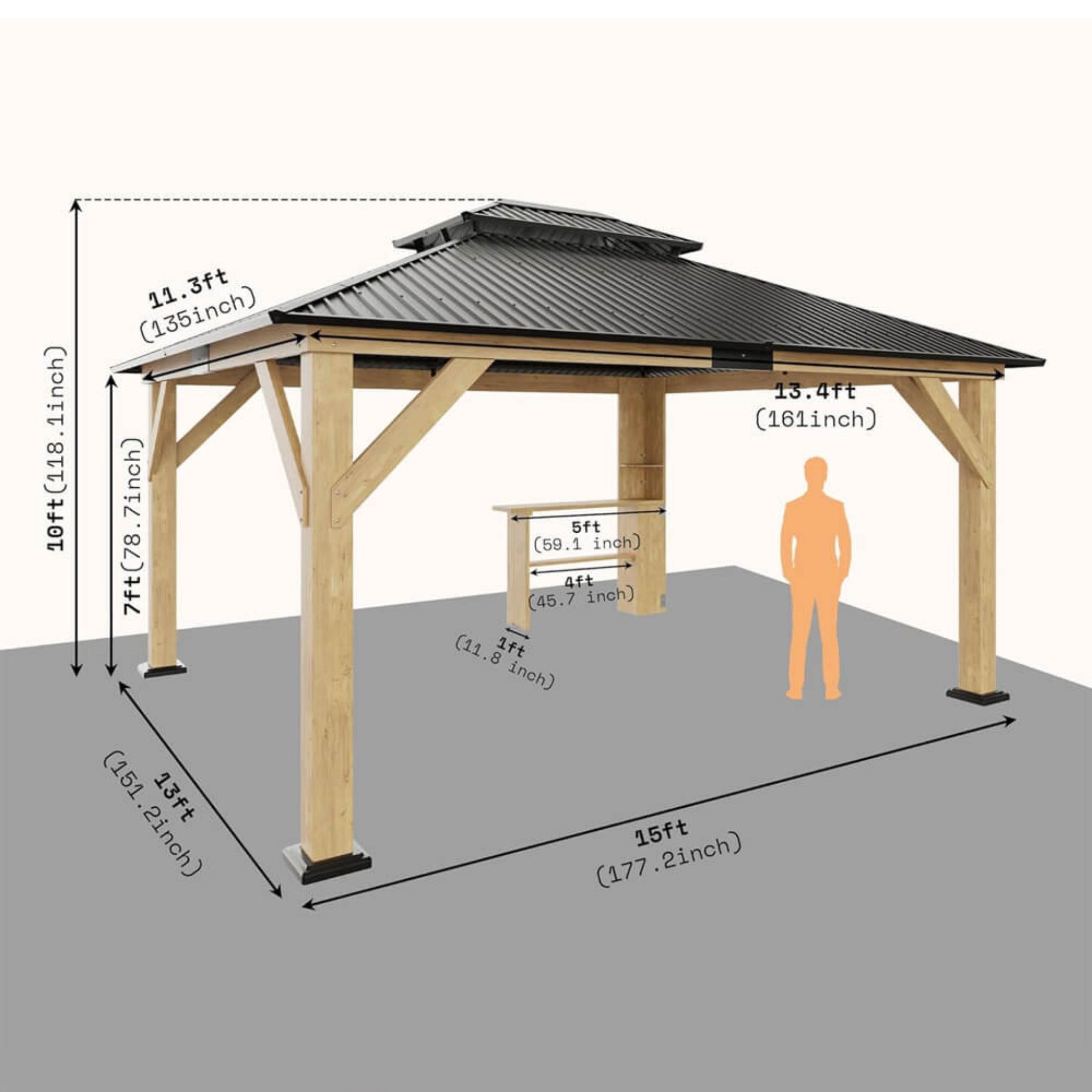 [13x15FT] Premium Outdoor All-Season Wooden Cedar Hardtop Gazebo Carport With Double Iron Roof (SAK35187) - Energize Trek