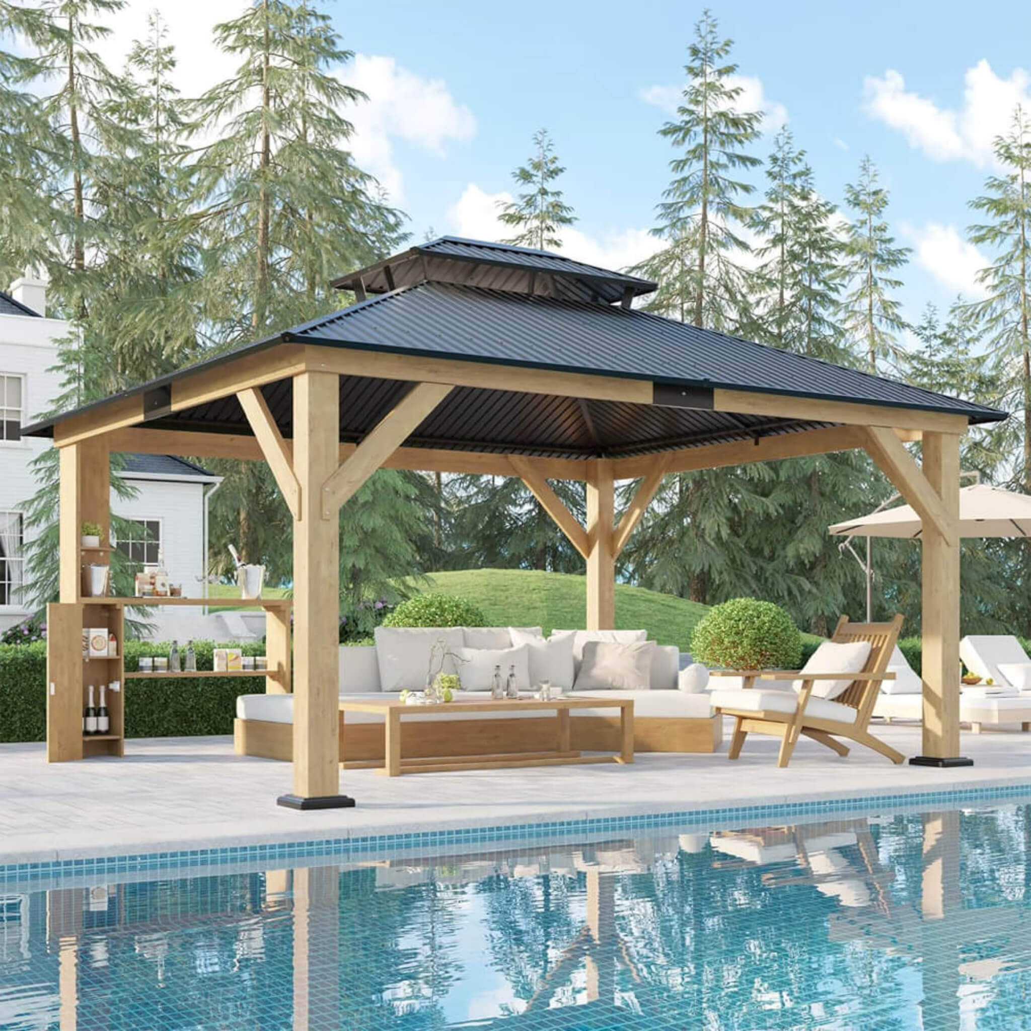 [13x15FT] Premium Outdoor All-Season Wooden Cedar Hardtop Gazebo Carport With Double Iron Roof (SAK35187) - Energize Trek