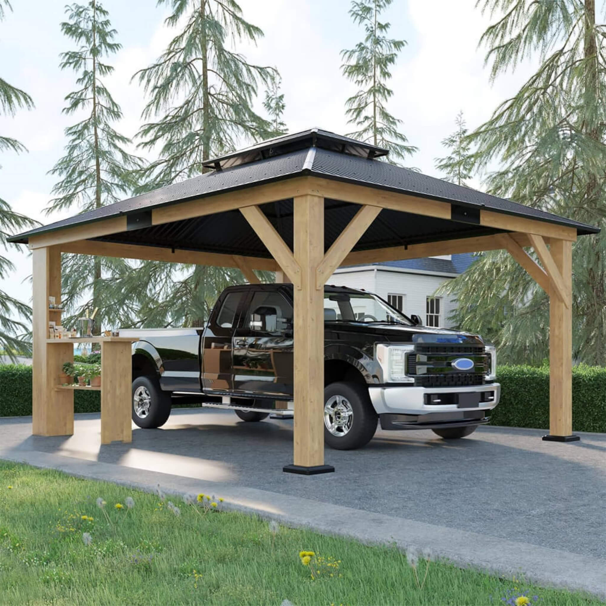 [13x15FT] Premium Outdoor All-Season Wooden Cedar Hardtop Gazebo Carport With Double Iron Roof (SAK35187) - Energize Trek