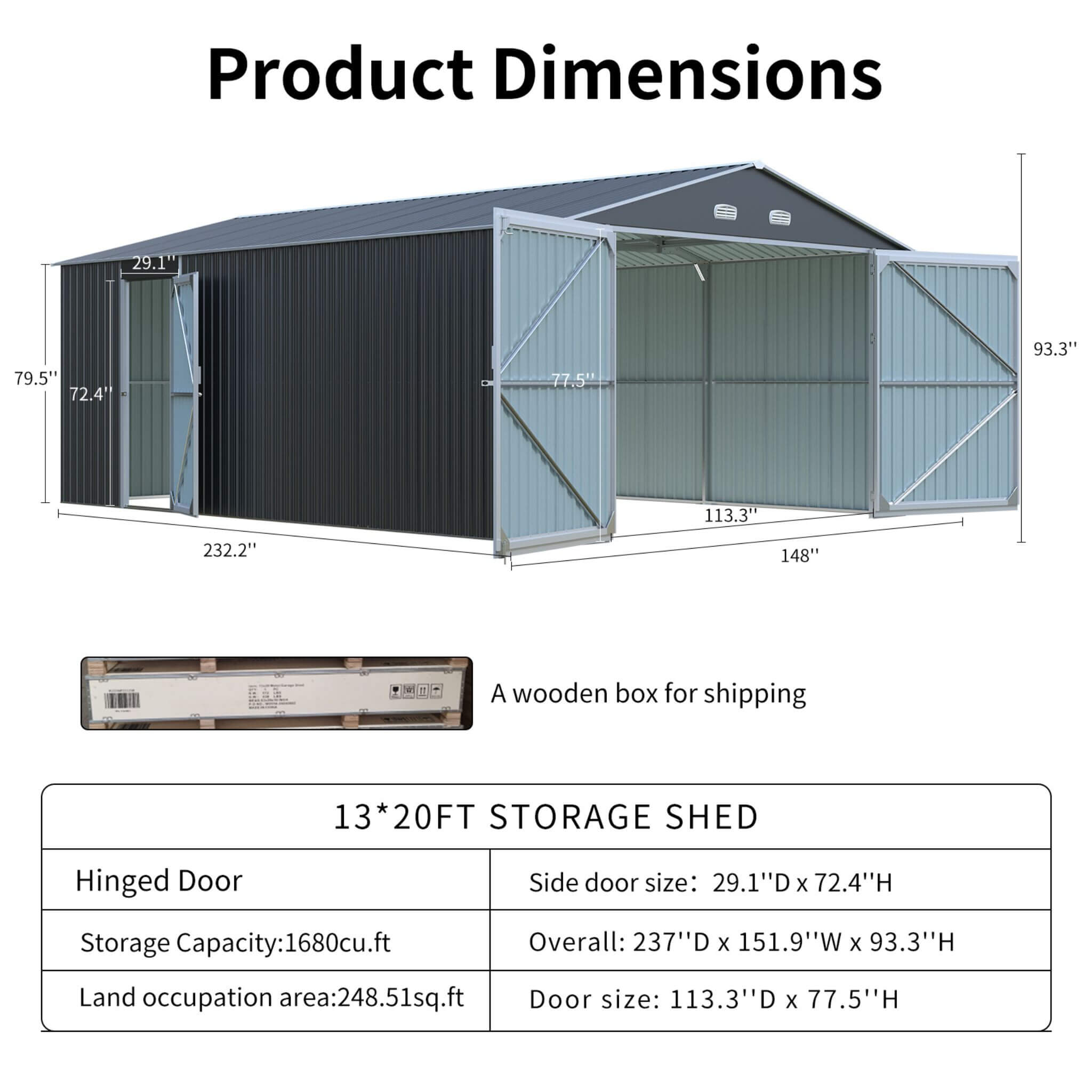 [13x20FT] Large Heavy Duty Outdoor Metal Storage Shed With Double Doors (SAK65331) - Energize Trek