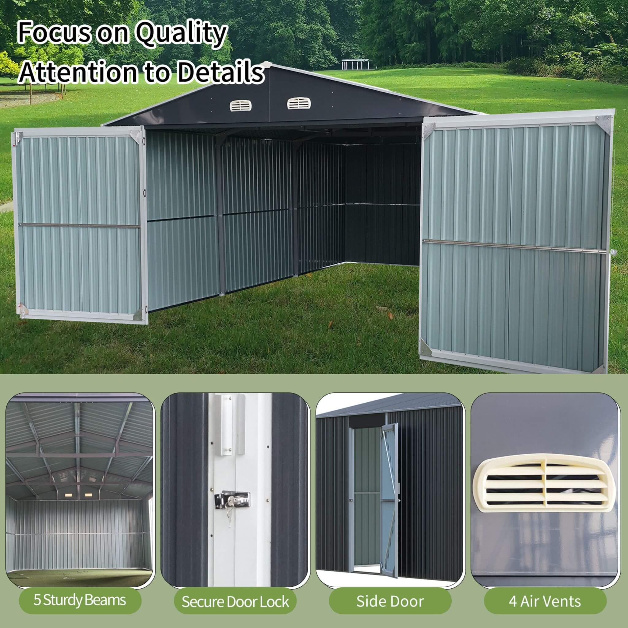 [13x20FT] Large Heavy Duty Outdoor Metal Storage Shed With Double Doors (SAK65331) - Energize Trek