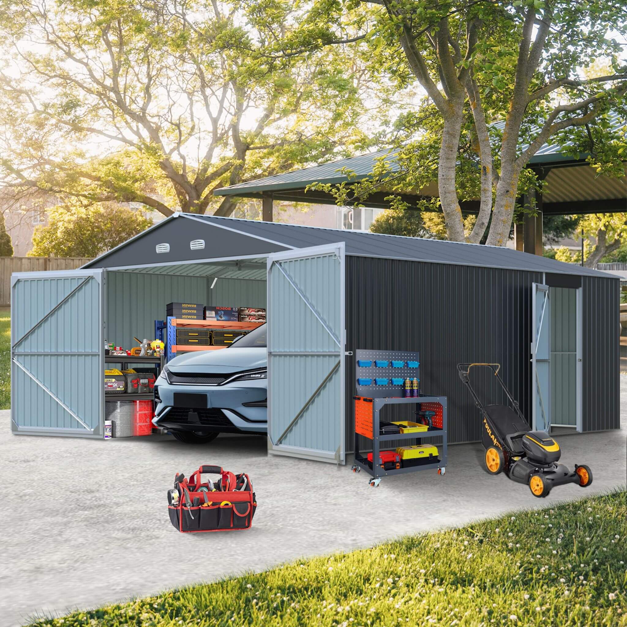 [13x20FT] Large Heavy Duty Outdoor Metal Storage Shed With Double Doors (SAK65331) - Energize Trek