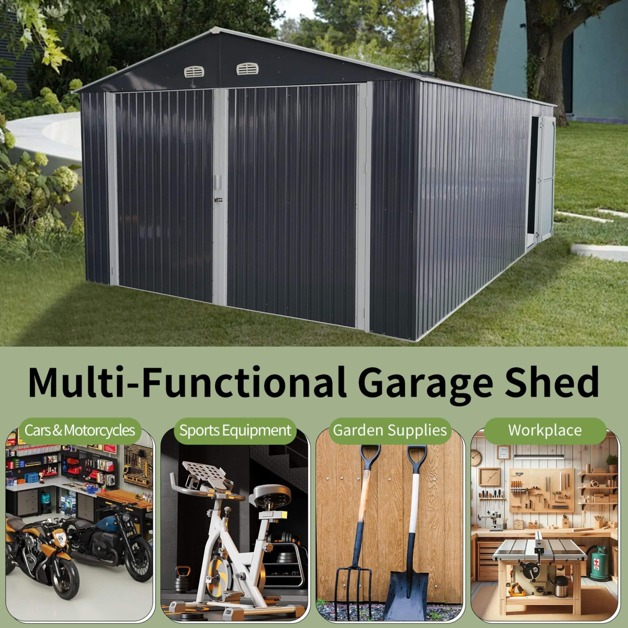 [13x20FT] Large Heavy Duty Outdoor Metal Storage Shed With Double Doors (SAK65331) - Energize Trek