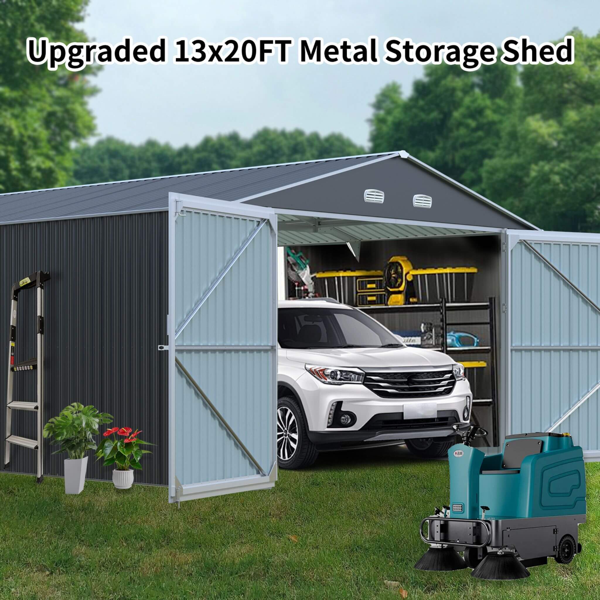 [13x20FT] Large Heavy Duty Outdoor Metal Storage Shed With Double Doors (SAK65331) - Energize Trek