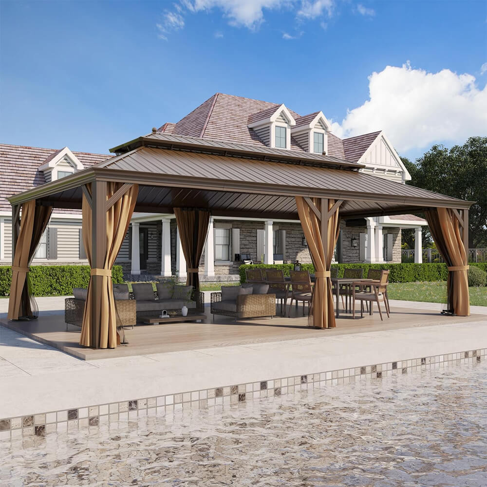 [14x24FT] Heavy Duty Aluminum Galvanized Steel Double Roof Hardtop Gazebo With Netting And Curtains (SAK41853) - Energize Trek