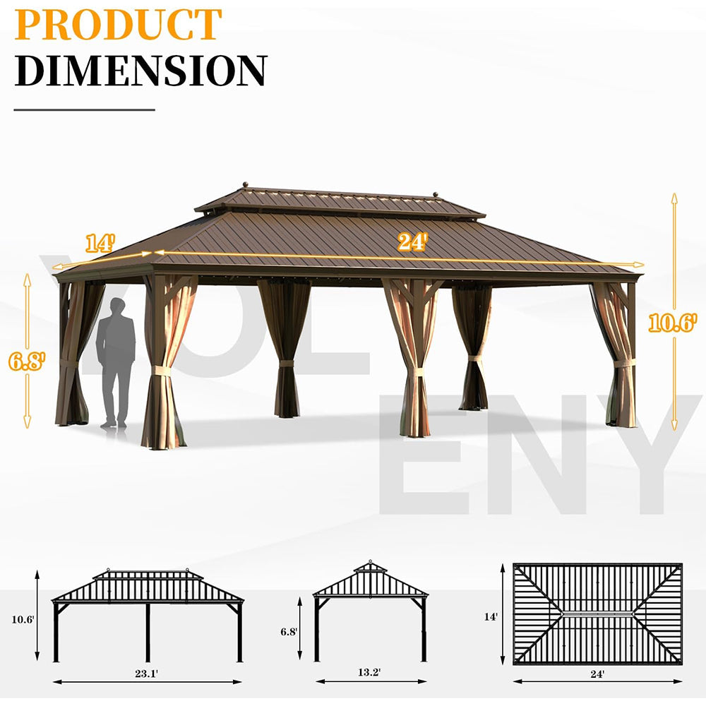 [14x24FT] Heavy Duty Aluminum Galvanized Steel Double Roof Hardtop Gazebo With Netting And Curtains (SAK41853) - Energize Trek