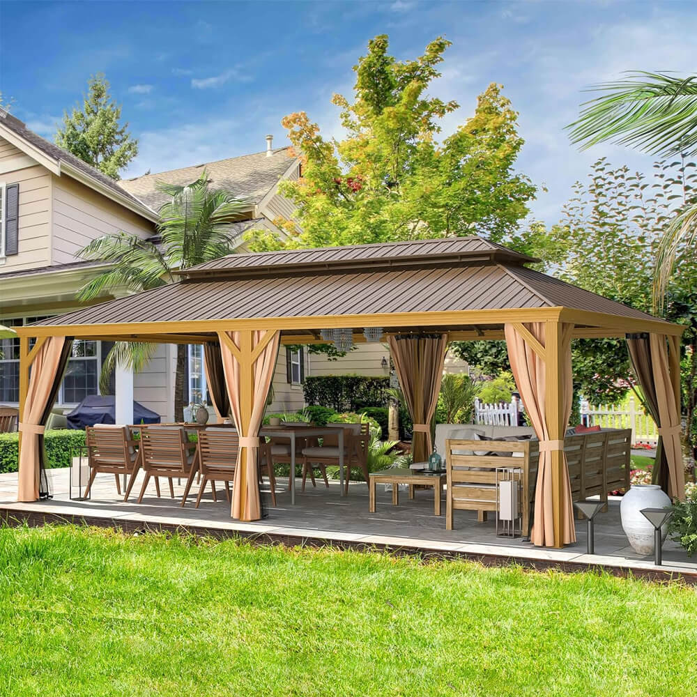 [14x24FT] Heavy Duty Aluminum Galvanized Steel Double Roof Hardtop Gazebo With Netting And Curtains (SAK41853) - Energize Trek