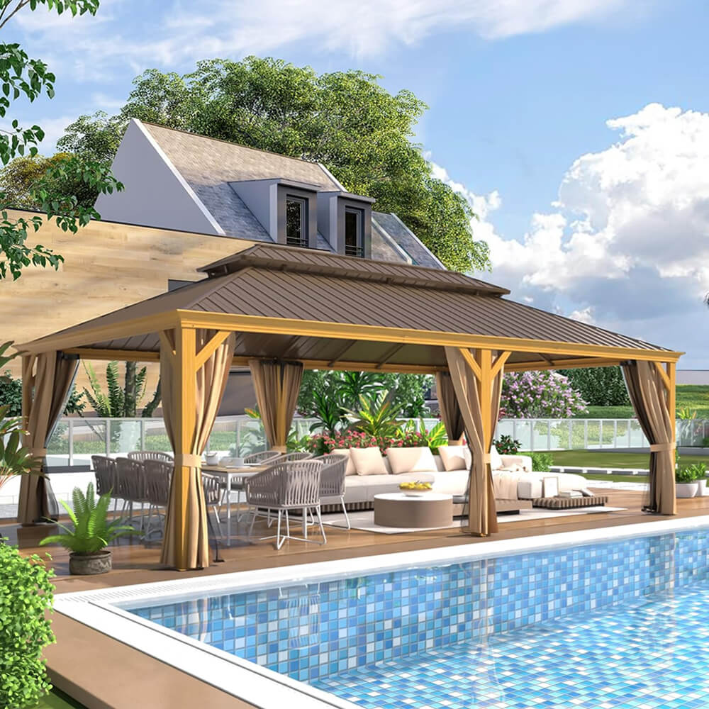 [14x24FT] Heavy Duty Aluminum Galvanized Steel Double Roof Hardtop Gazebo With Netting And Curtains (SAK41853) - Energize Trek
