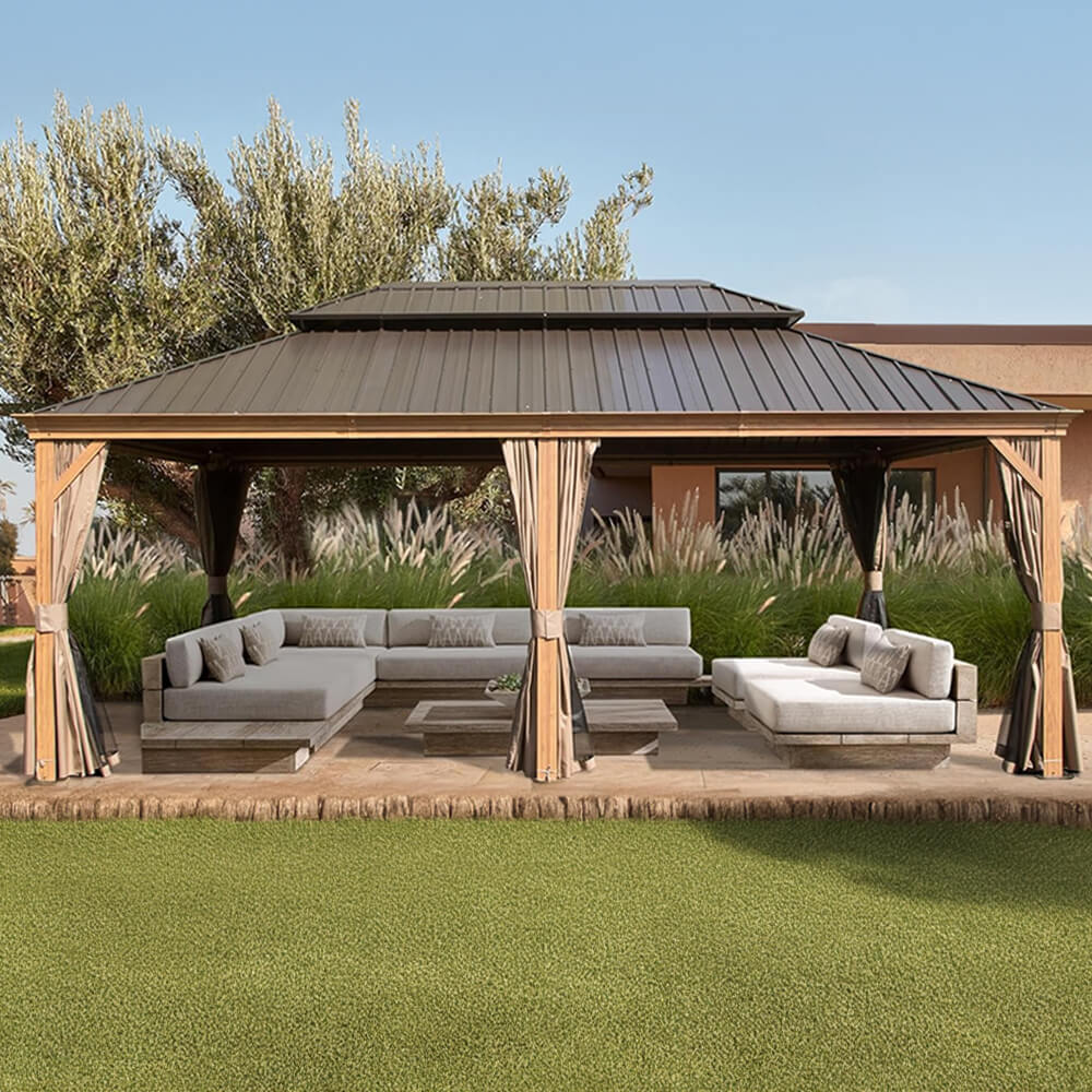 [14x24FT] Heavy Duty Aluminum Galvanized Steel Double Roof Hardtop Gazebo With Netting And Curtains (SAK41853) - Energize Trek