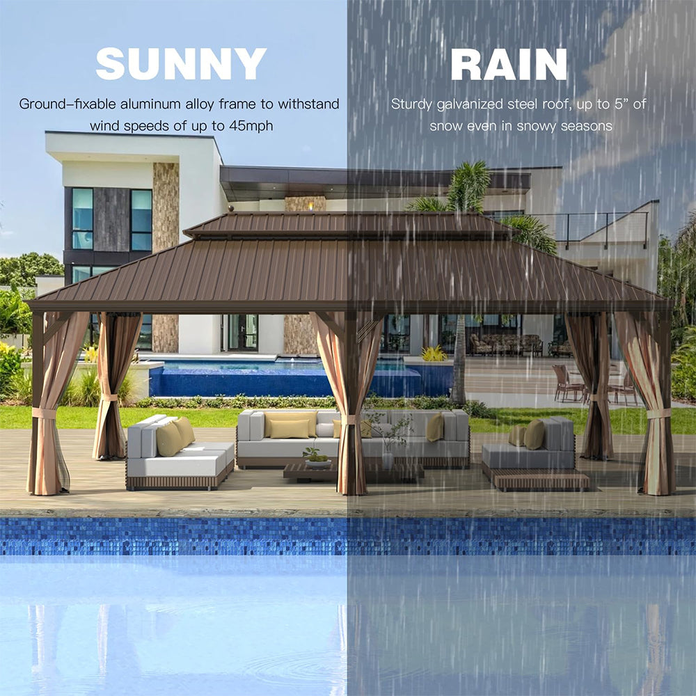 [14x24FT] Heavy Duty Aluminum Galvanized Steel Double Roof Hardtop Gazebo With Netting And Curtains (SAK41853) - Energize Trek