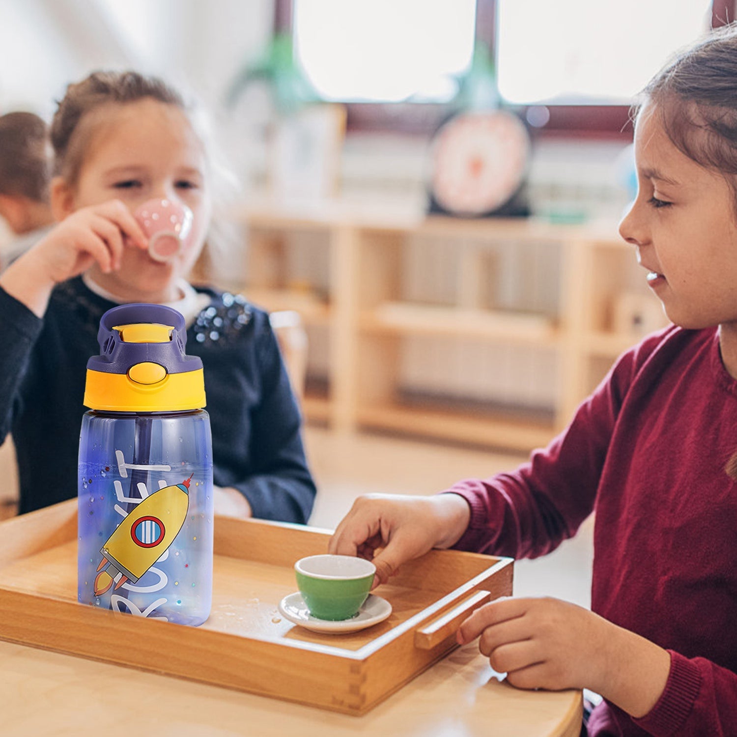 16.2Oz Leak-proof Kids Water Bottle with Straw Push Button Sport Water Bottle for Kids Crab Ship Jellyfish Rocket - Energize Trek