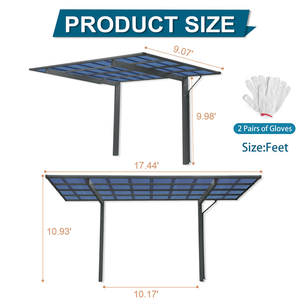 [10x17FT] Extra Large Heavy Duty Outdoor Aluminum Single Side Carport With Galvanized Metal Roof (SAK31279) - Energize Trek