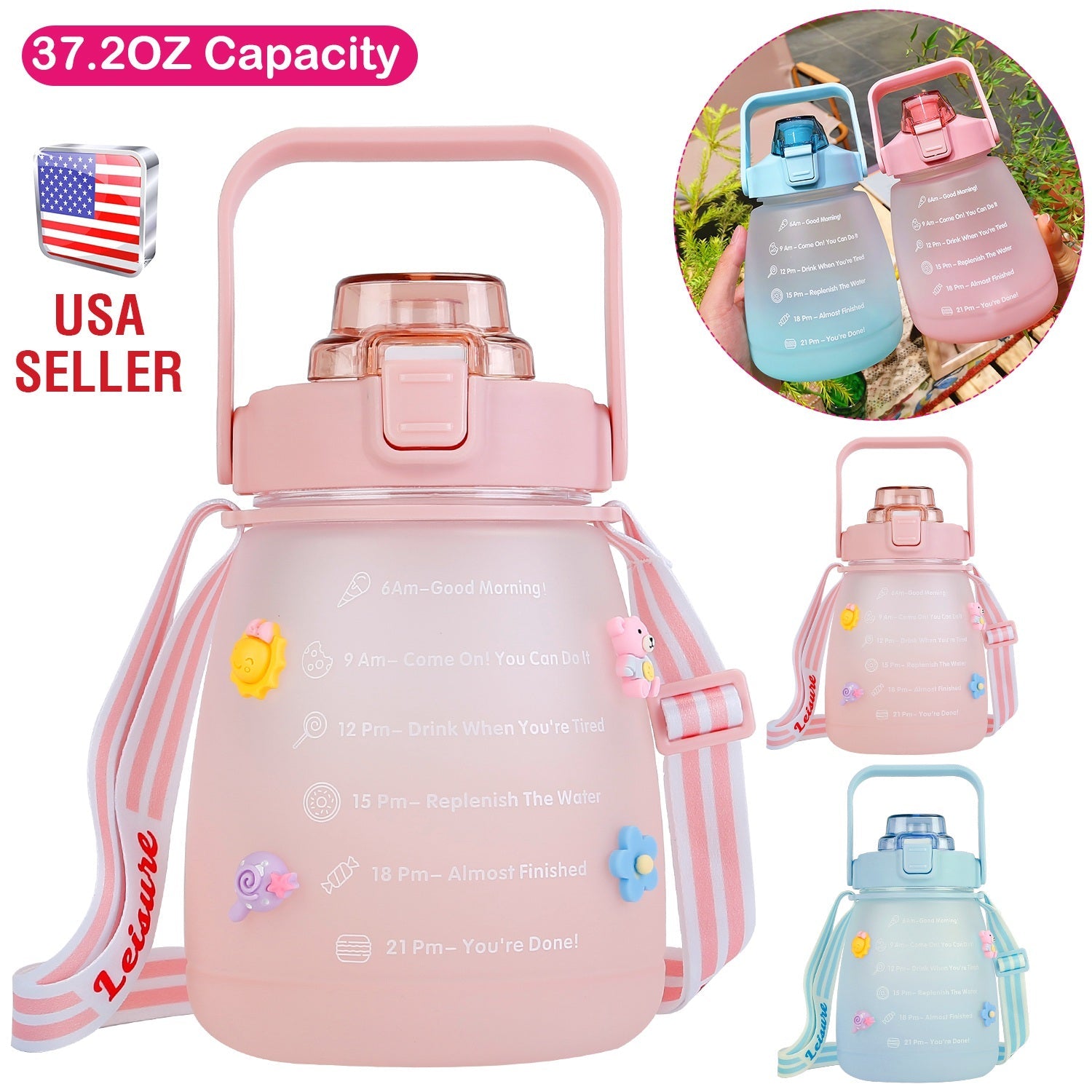 Kawaii Water Bottle with Straw 37.2oz Large Capacity Portable Sports Bottle with Cute Three-Dimensional Stickers