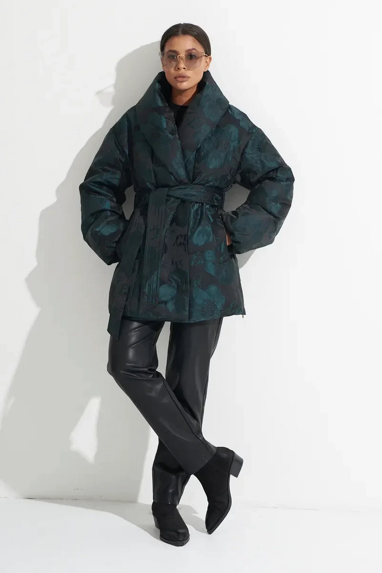 Monochrome Jacquard Down Coat in Vintage Emerald - Energize Trek