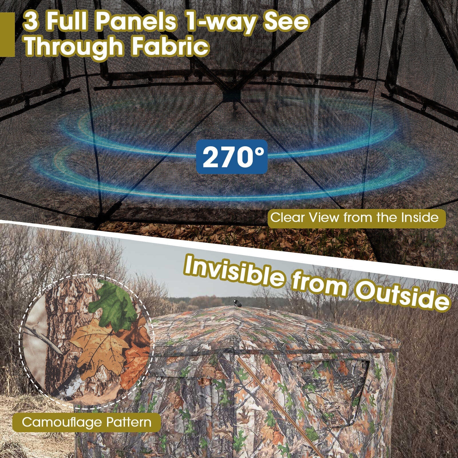 2-3 Person Hunting Blind Portable Pop Up Ground Tent with Carry Bag and Storage Pocket - Energize Trek