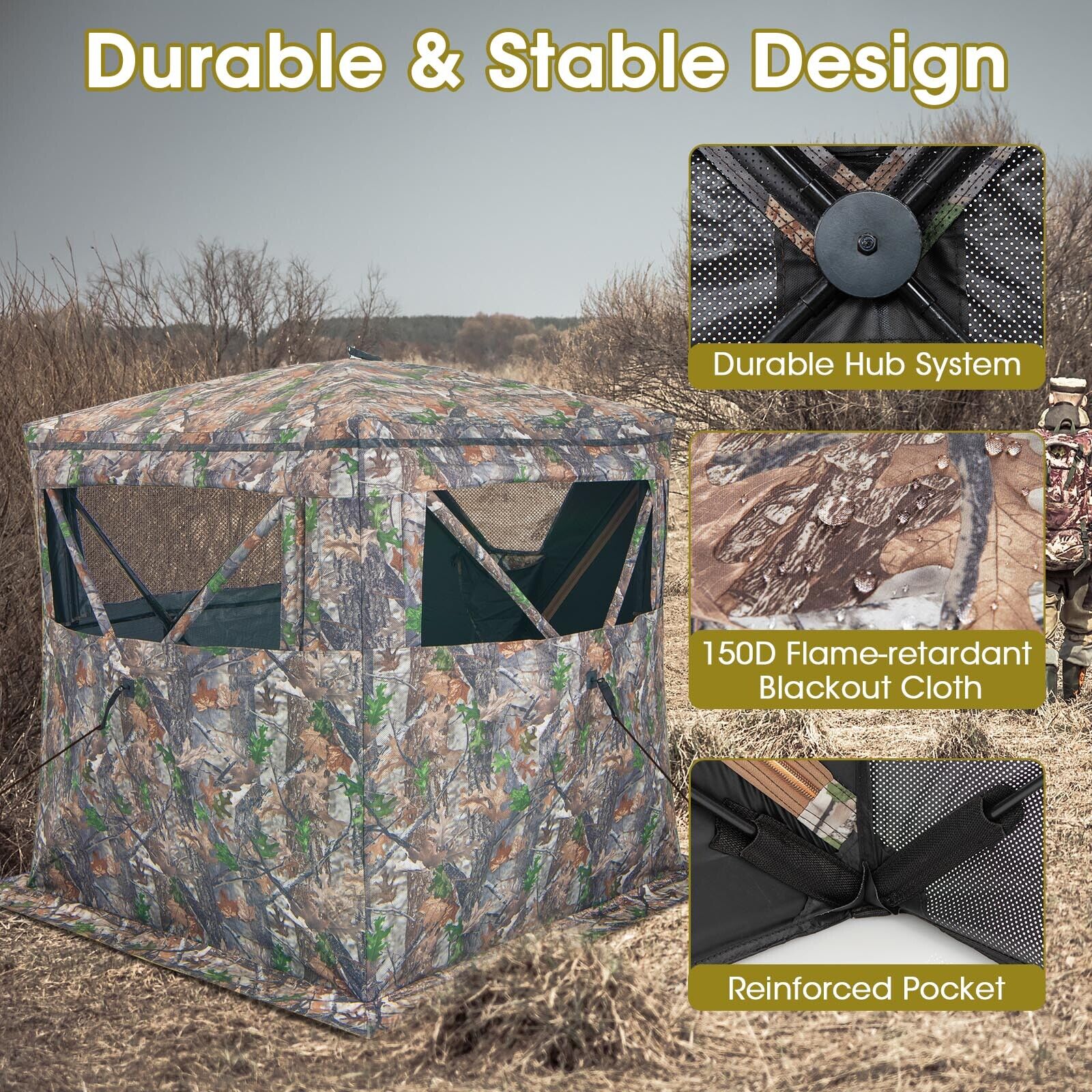 2-3 Person Hunting Blind Portable Pop Up Ground Tent with Carry Bag and Storage Pocket - Energize Trek
