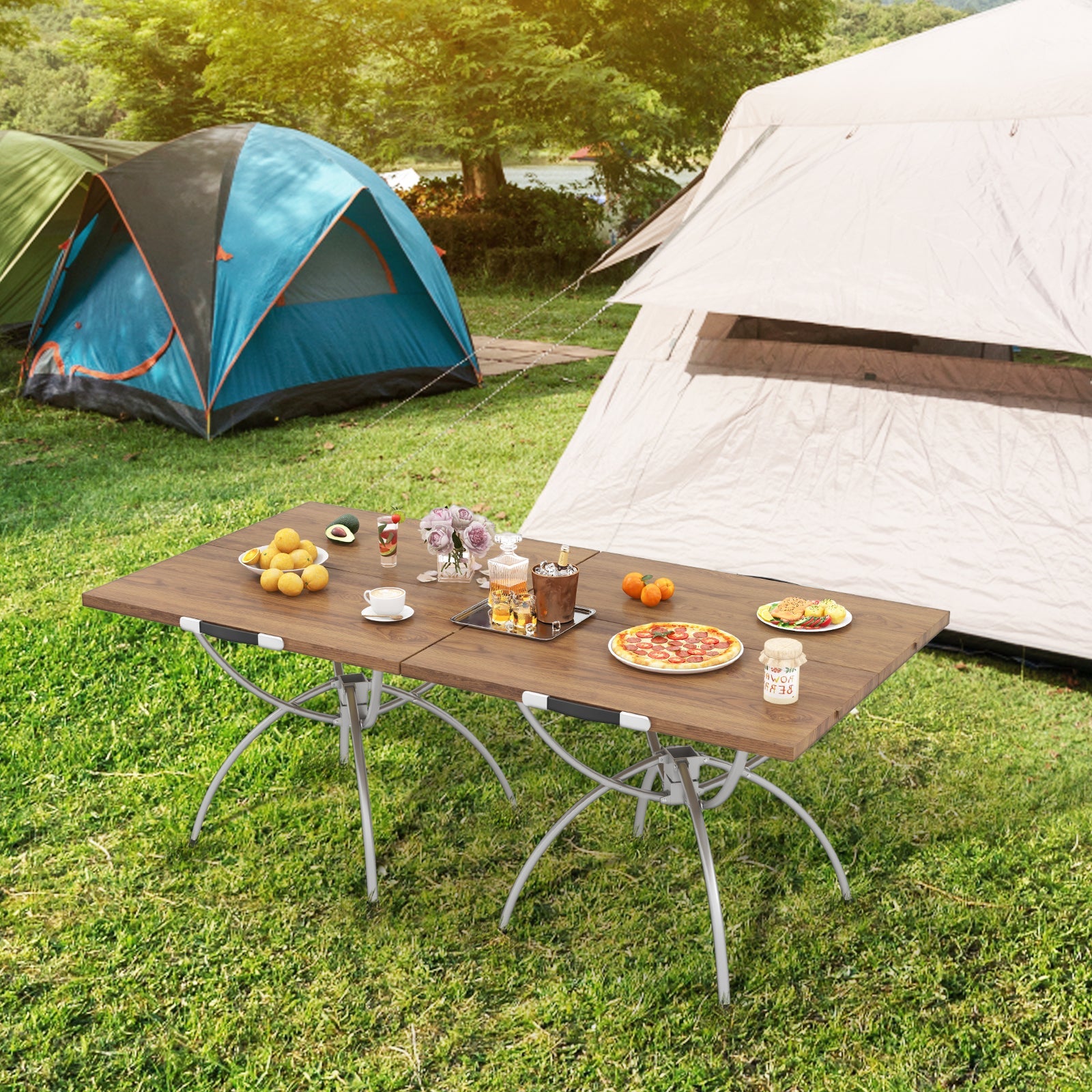 2 Pack Folding Camping Table with Wood-grain Tabletop for Hiking Party-Natural - Energize Trek