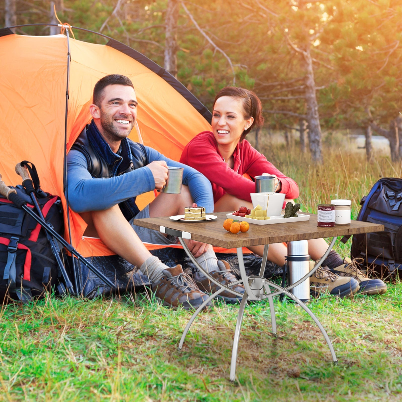 2 Pack Folding Camping Table with Wood-grain Tabletop for Hiking Party-Natural - Energize Trek