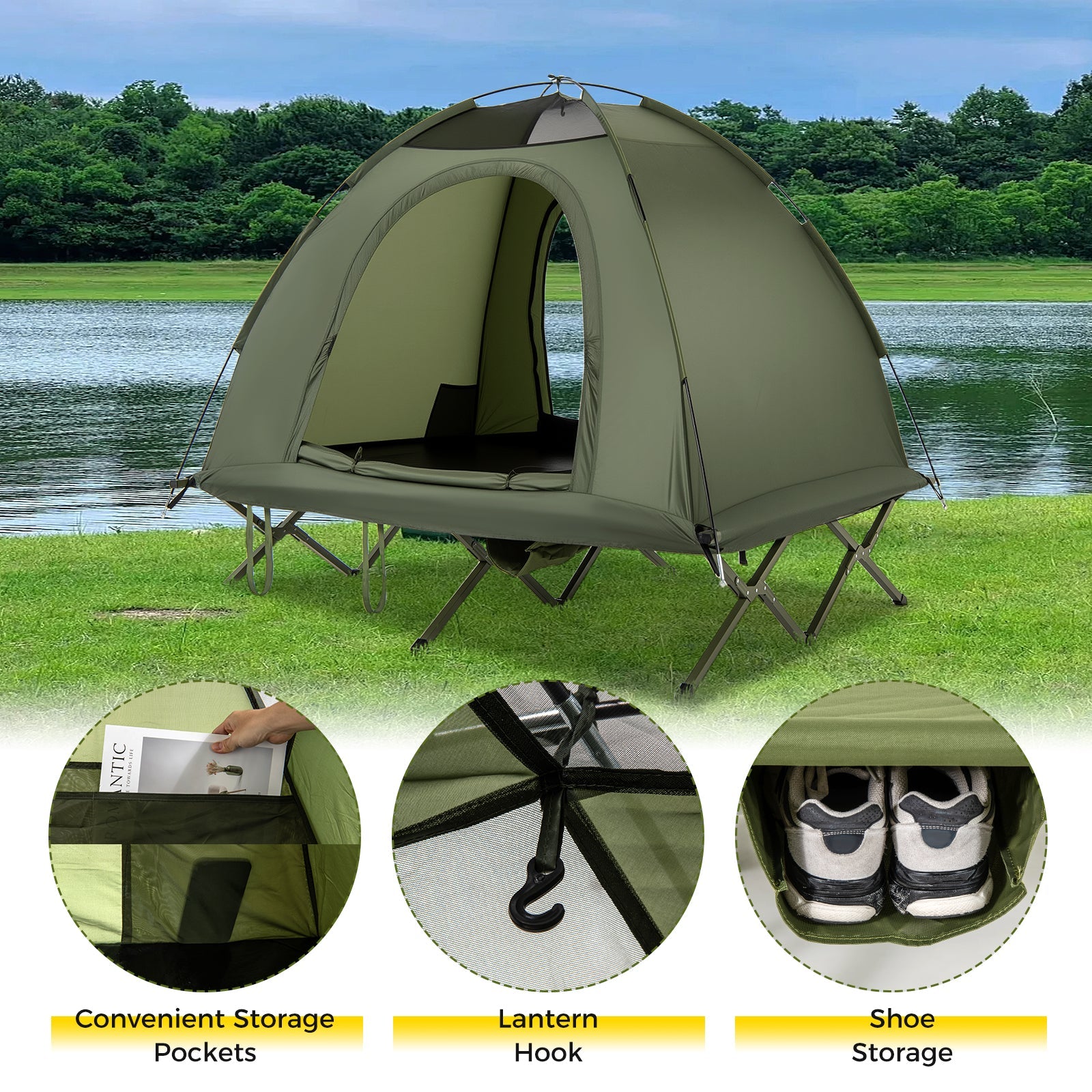 2-Person Camping Cot Tent Foldable Off-Ground Camping Combo for Adults - Energize Trek