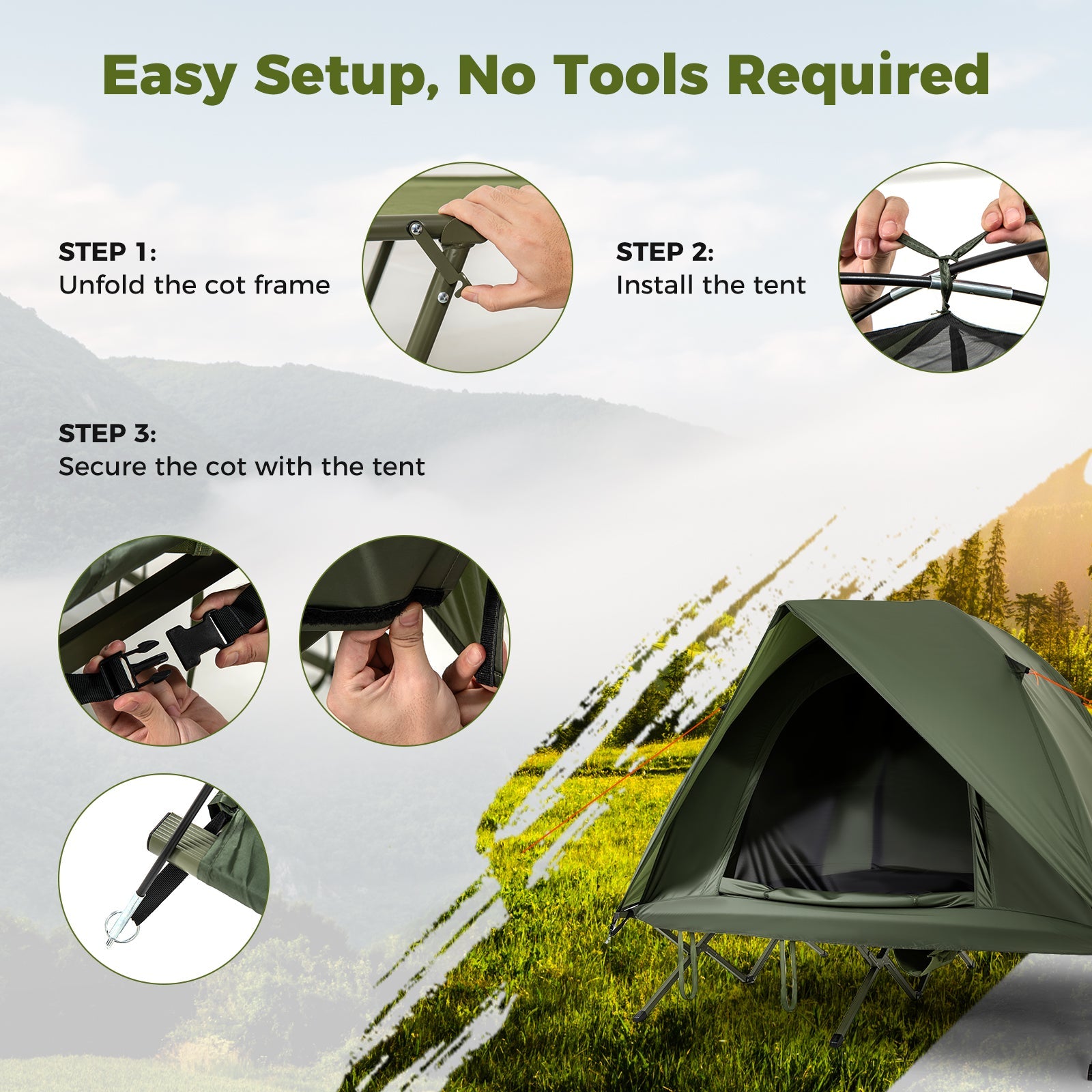 2-Person Camping Cot Tent Foldable Off-Ground Camping Combo for Adults - Energize Trek