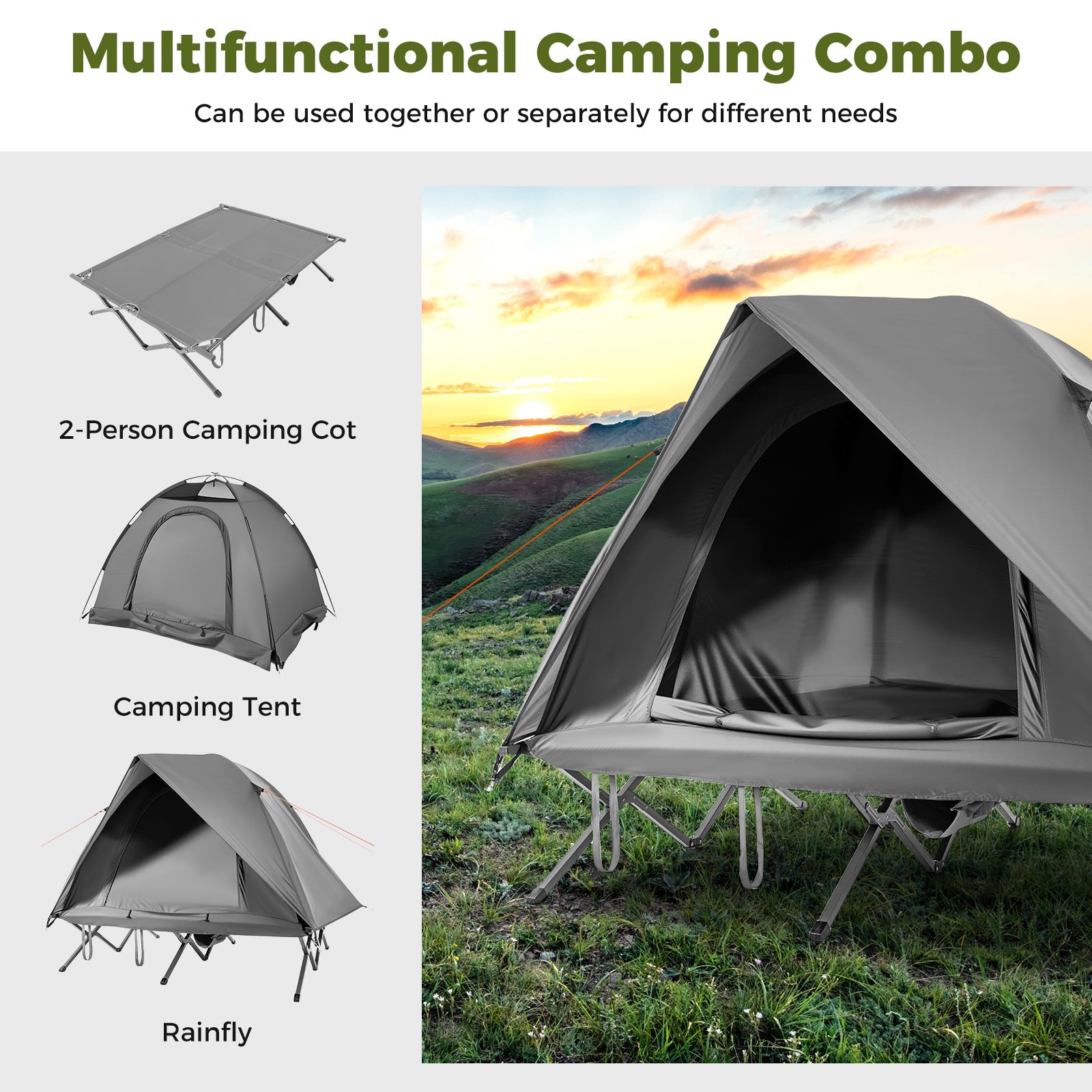 2-Person Camping Cot Tent Foldable Off-Ground Camping Combo for Adults - Energize Trek