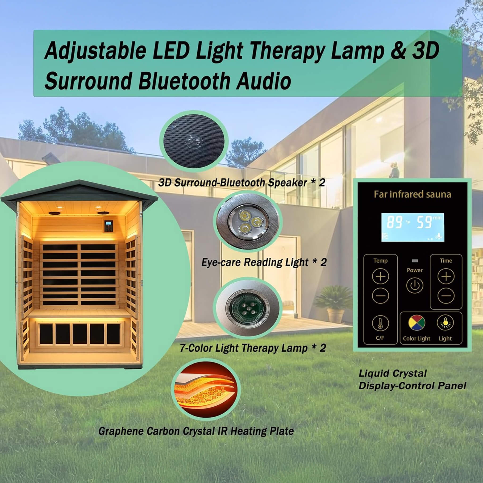 Premium 2-Person Black Carbonized Walnut Low EMF Far Infrared Outdoor Sauna With Bluetooth Audio And LED Lighting (SAK16850) - Energize Trek