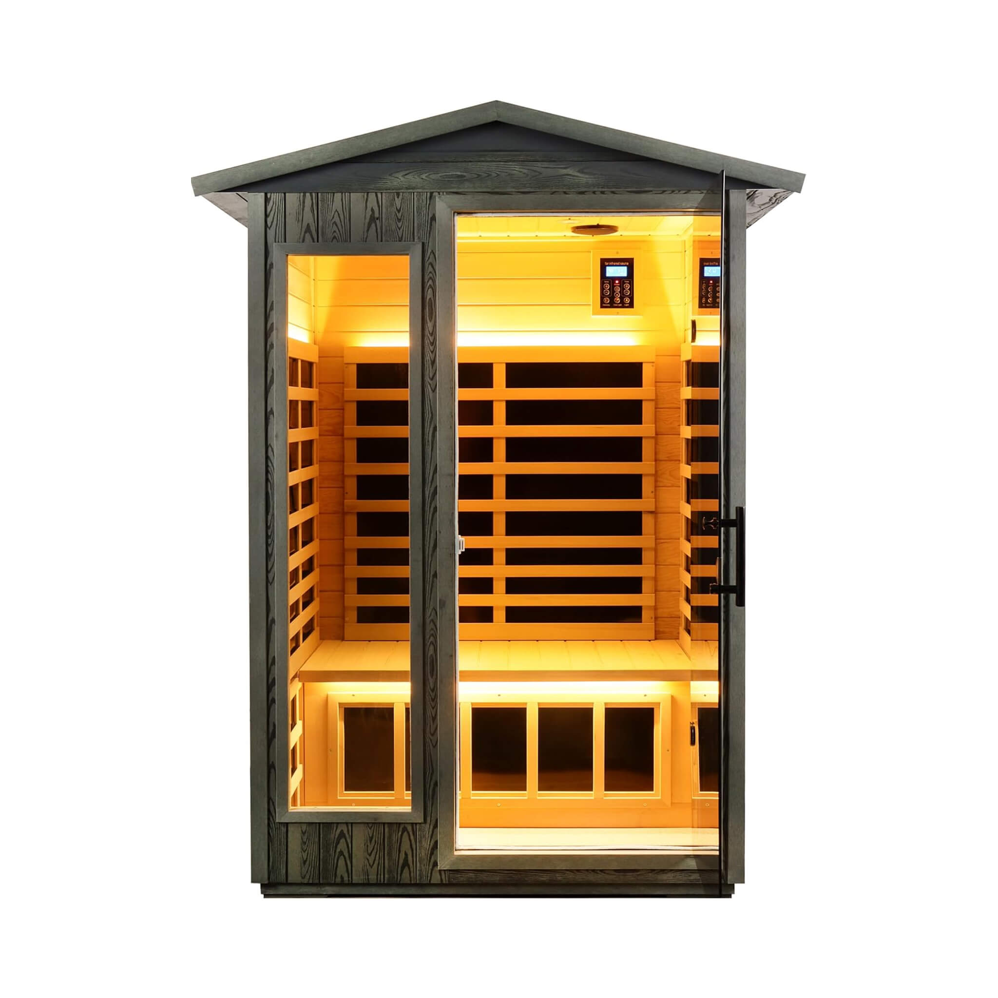 Premium 2-Person Black Carbonized Walnut Low EMF Far Infrared Outdoor Sauna With Bluetooth Audio And LED Lighting (SAK16850) - Energize Trek