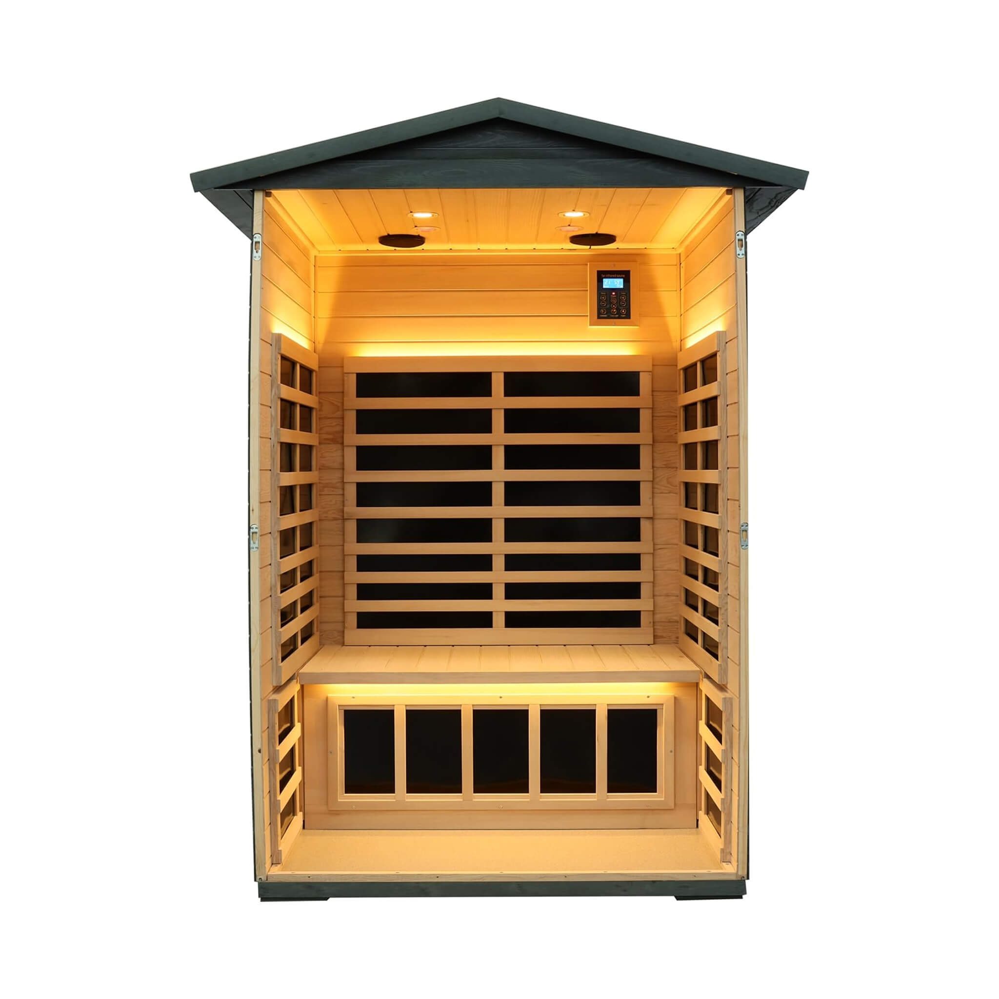 Premium 2-Person Black Carbonized Walnut Low EMF Far Infrared Outdoor Sauna With Bluetooth Audio And LED Lighting (SAK16850) - Energize Trek