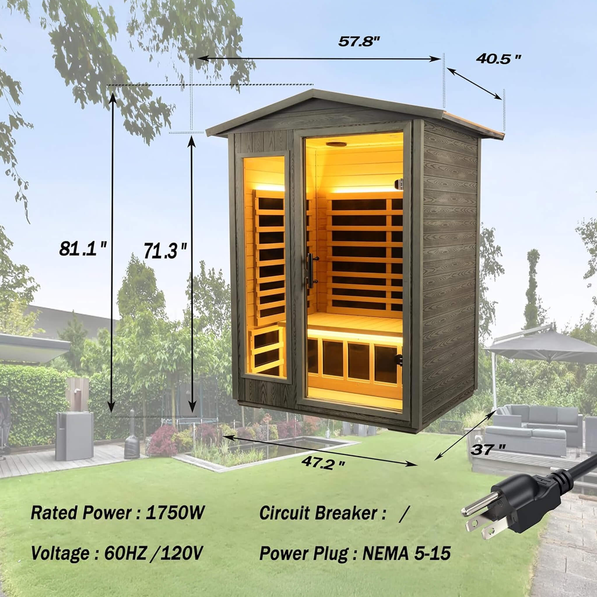 Premium 2-Person Black Carbonized Walnut Low EMF Far Infrared Outdoor Sauna With Bluetooth Audio And LED Lighting (SAK16850) - Energize Trek