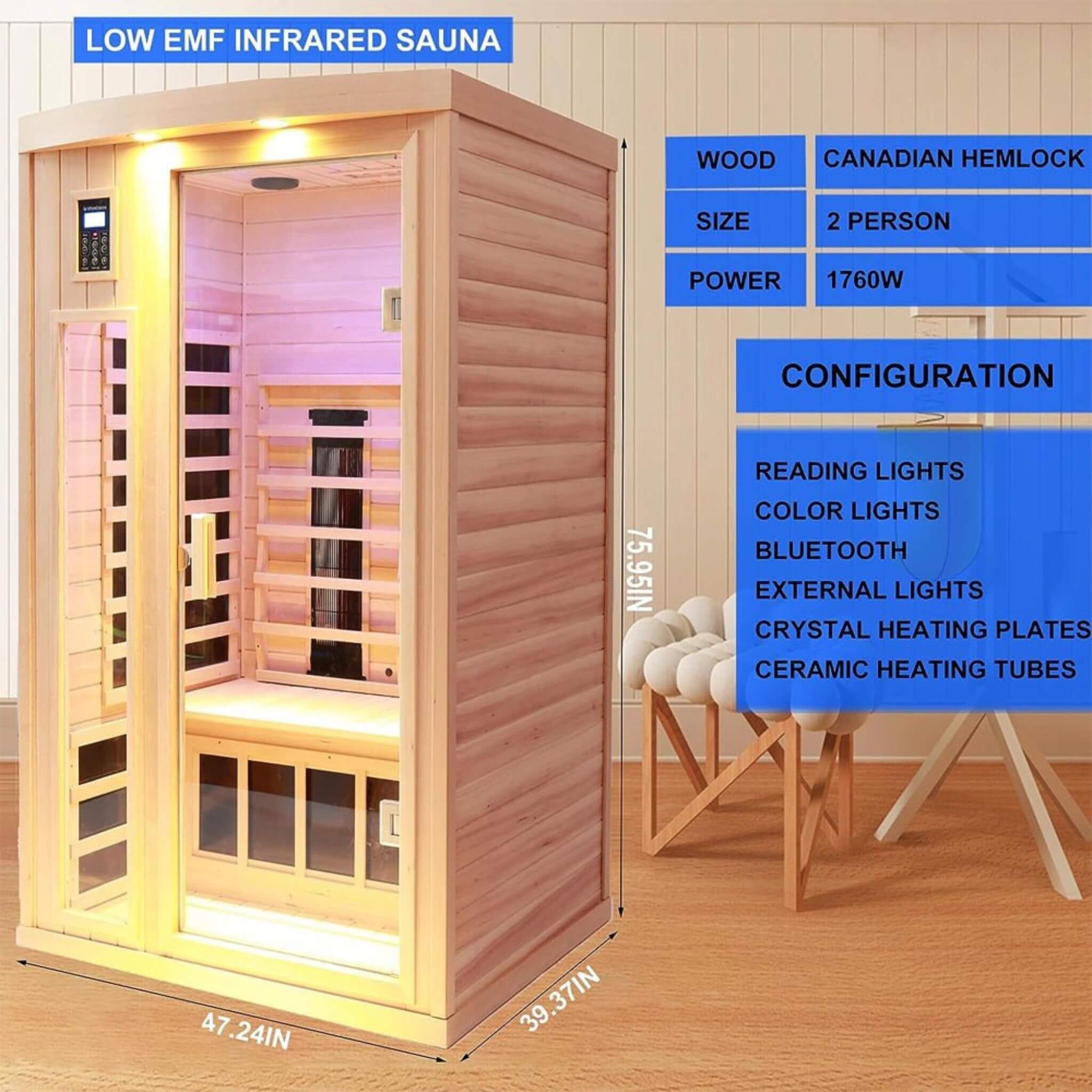 Premium 2-Person Low EMF FAR-Infrared Heat Wood Home Personal Spa Sauna With Ceramic Heaters, 1760W (SAK25714) - Energize Trek