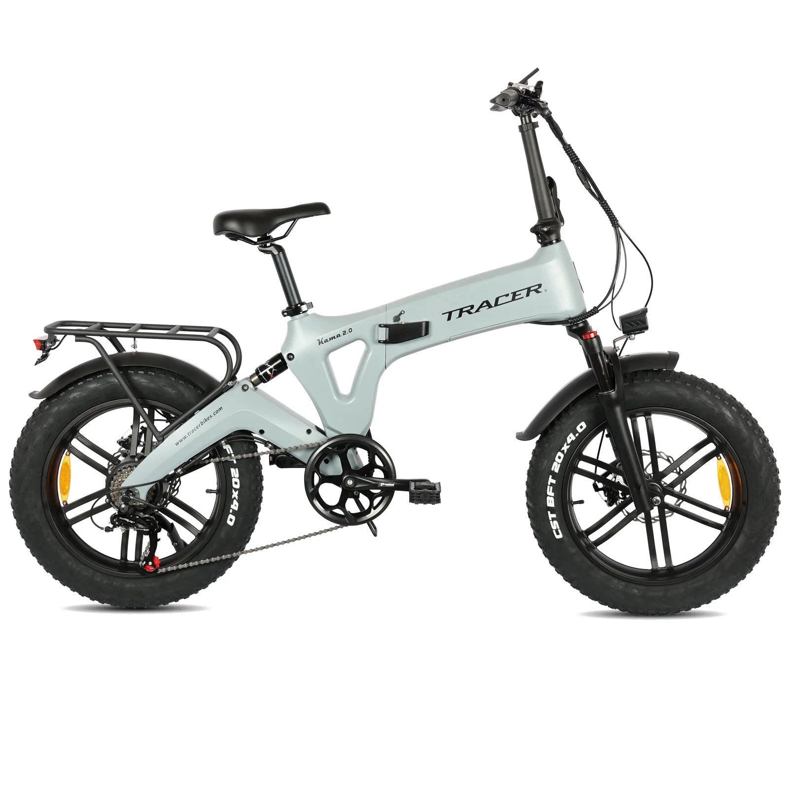 TRACER 20”Folding E-Bike Shimano 7-Speed Magnesium Alloy One-piece structure Full Suspens Disc Brake Magnesium Alloy Black FAT Rims 20x3" FAT Black Tires Motor 750W Lithium-ion Battery 48V/14 Ah Li-ion Color: Matte Black - Energize Trek