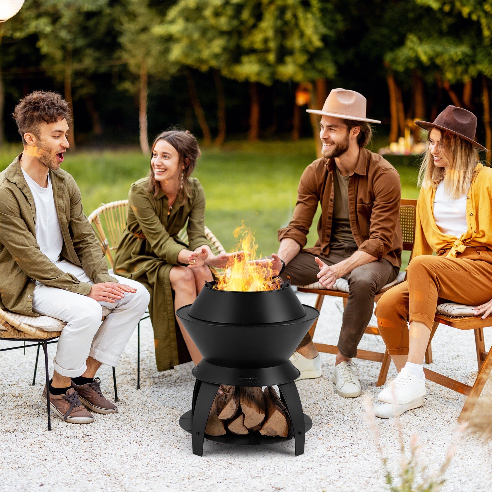 20 Inch Patio Fire Pit Metal Camping Fire Bowl with Pot Holder and Storage Shelf-Black - Energize Trek