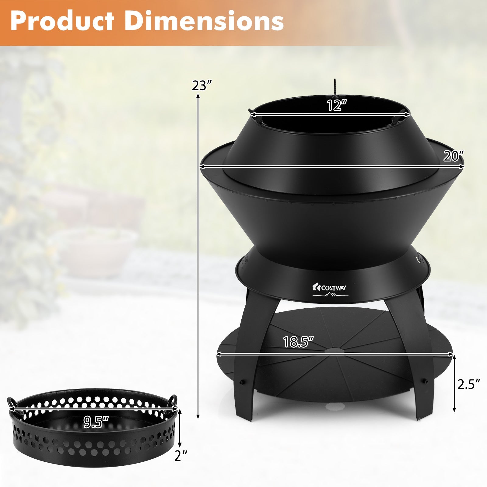 20 Inch Patio Fire Pit Metal Camping Fire Bowl with Pot Holder and Storage Shelf-Black - Energize Trek