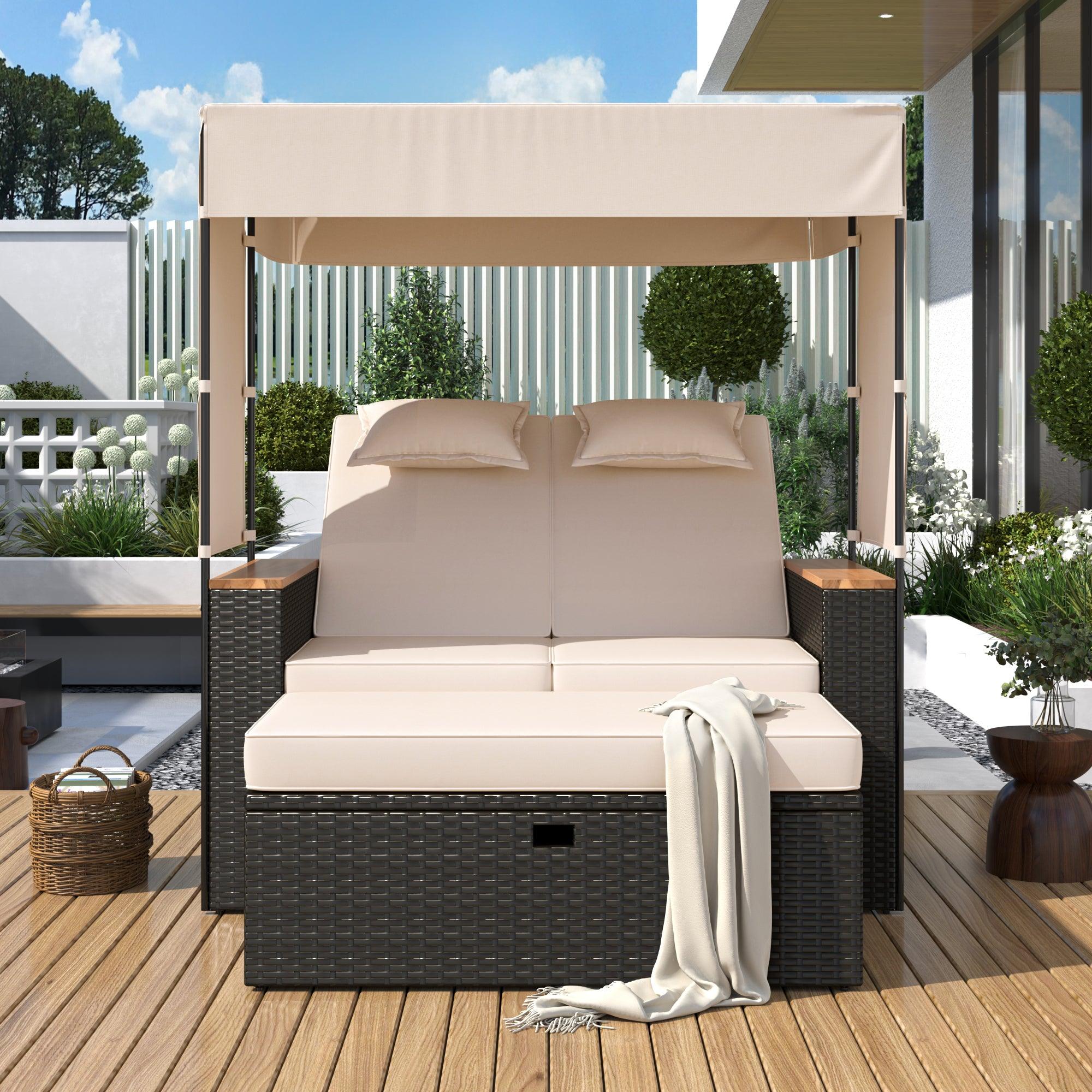2-Piece Outdoor Rattan Daybed with Bench Lounge Roof Set and Cushions for Poolside, Backyard and Garden - Energize Trek