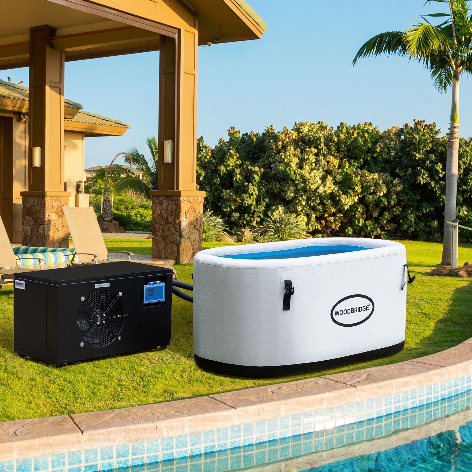WOODBRIDGE Inflatable Cold Plunge Tub with 1 HP Cooling and Heating Chiller,Filter circulation system, PVC Insulated Lid, Hand Pump and Repair Kit Included, Anti-Slid Bottom - Energize Trek