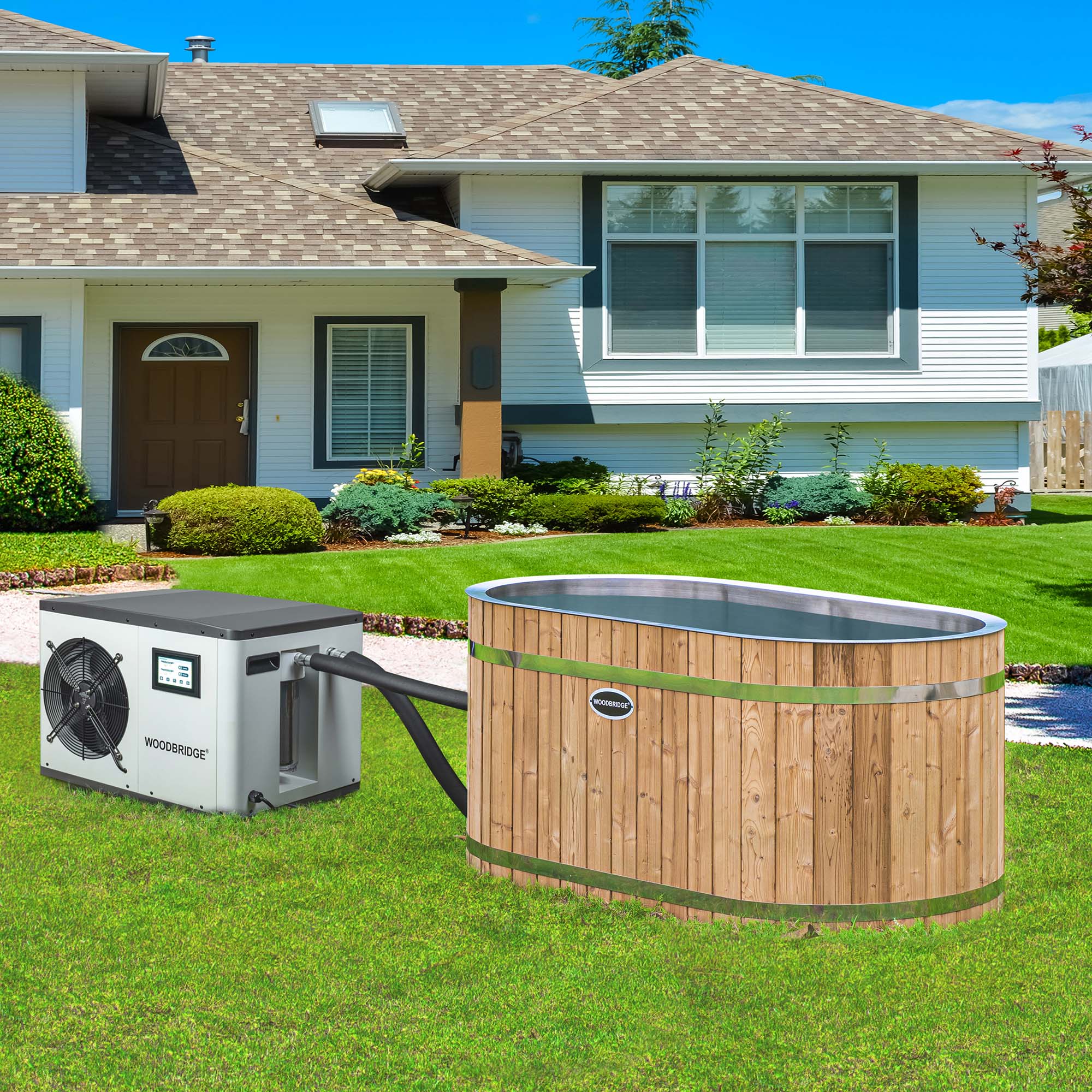 WOODBRIDGE 59" Cold Plunge Tub with 1.3 HP High-Performance Cooling and Heating Chiller in White, Ozone sanitation, Filter circulation system, Insulated Tub Lid, Wood Stool, Wood Seat - Energize Trek