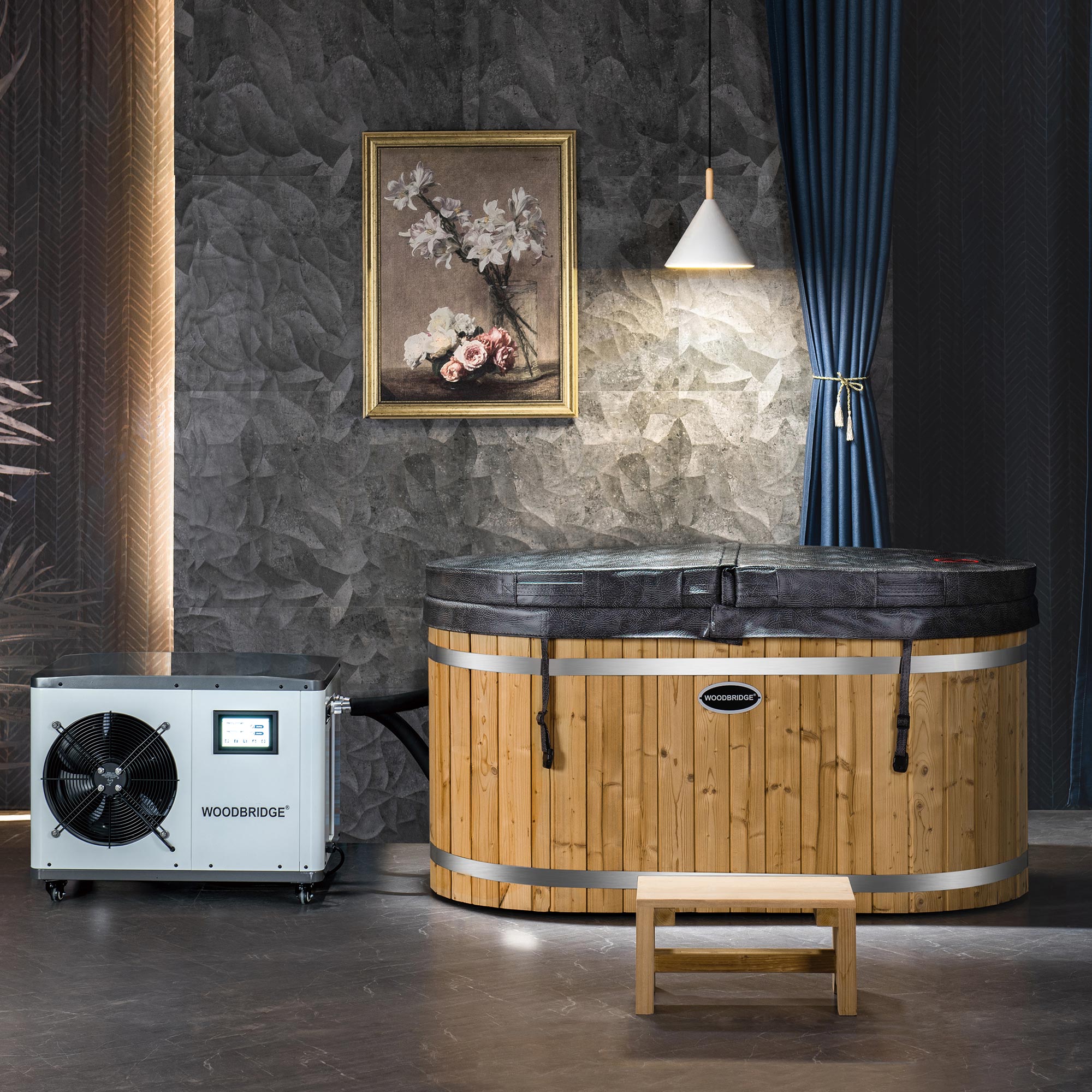 WOODBRIDGE 59" Cold Plunge Tub with 1.3 HP High-Performance Cooling and Heating Chiller in White, Ozone sanitation, Filter circulation system, Insulated Tub Lid, Wood Stool, Wood Seat - Energize Trek