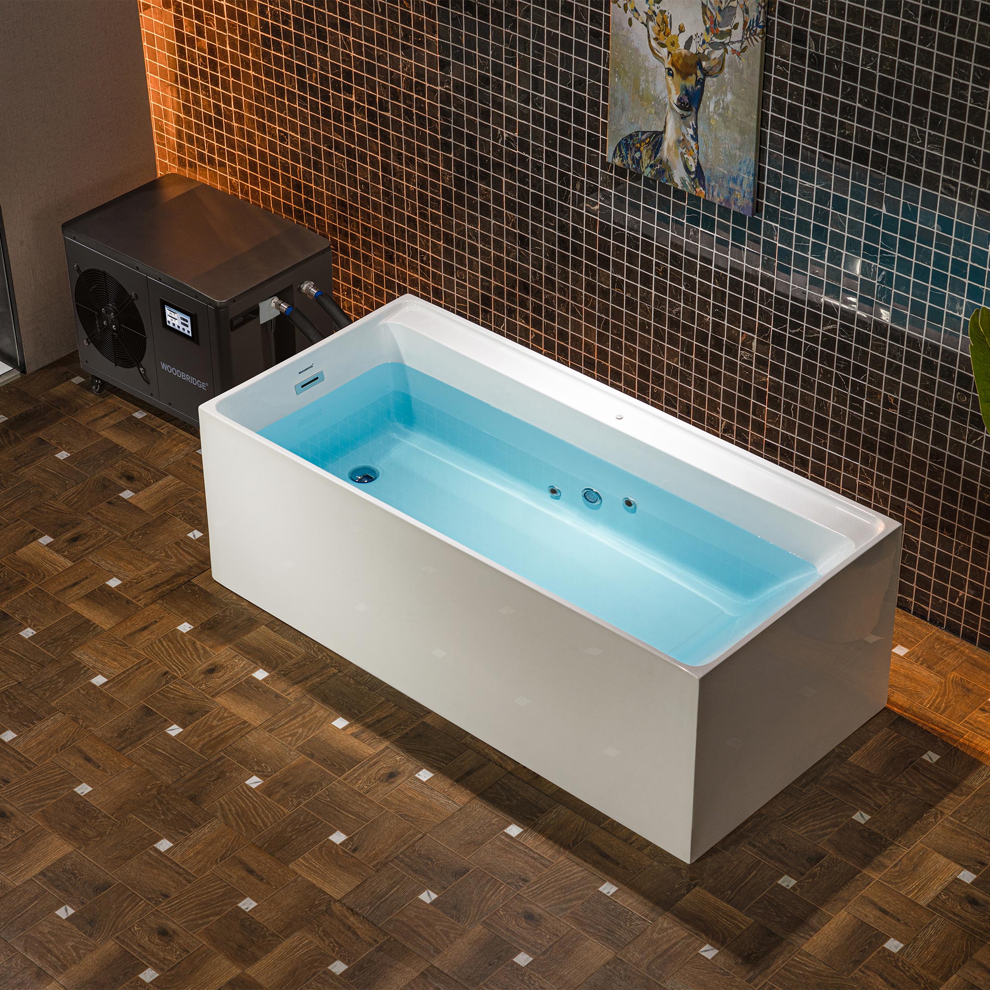 WOODBRIDGE 67" L x 31-1/2" W Freestanding Acrylic Cold Plunge Ice Tub with 1.3 HP High-Performance Chiller for Cooling/Heating, Ozone sanitation, Filter circulation system, Insulated tub cover - Energize Trek