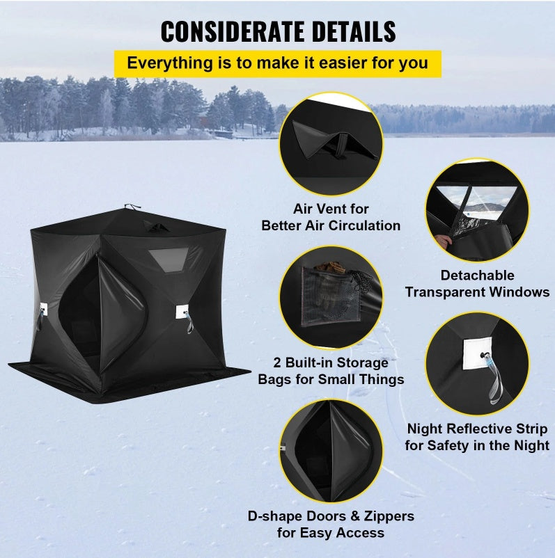 2-3 Person Ice Fishing Shelter, Pop-Up Portable Insulated Ice Fishing Tent, Waterproof Oxford Fabric - Energize Trek