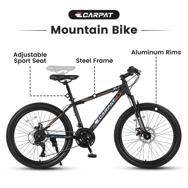 24 Inch Mountain Bike, Suitable For Boys And Girls, Steel Frame, Shimano 21 Speed Mountain Bike, With Dual Disc Brakes And Front Suspension, Banned Platform Temu - Energize Trek