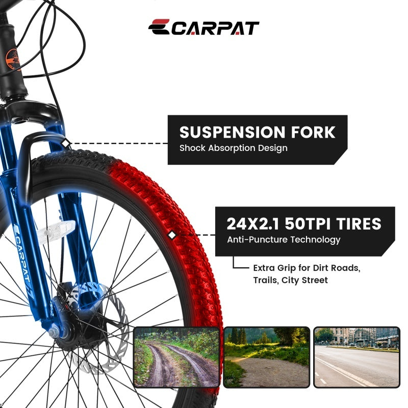 24 Inch Mountain Bike, Suitable For Boys And Girls, Steel Frame, Shimano 21 Speed Mountain Bike, With Dual Disc Brakes And Front Suspension, Banned Platform Temu - Energize Trek