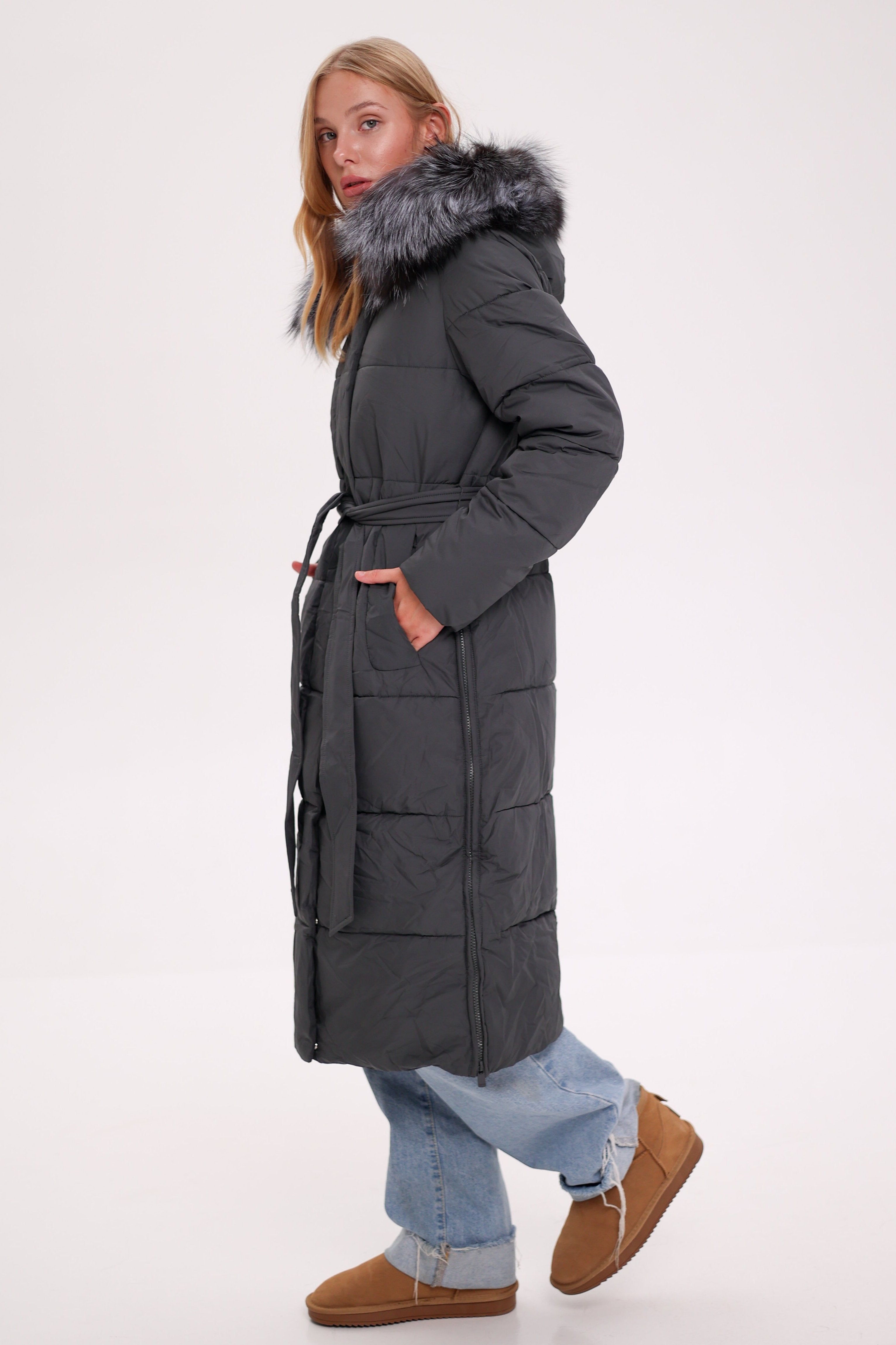 Genuine Silver Fox Belted Winter Insulated Coat - Energize Trek