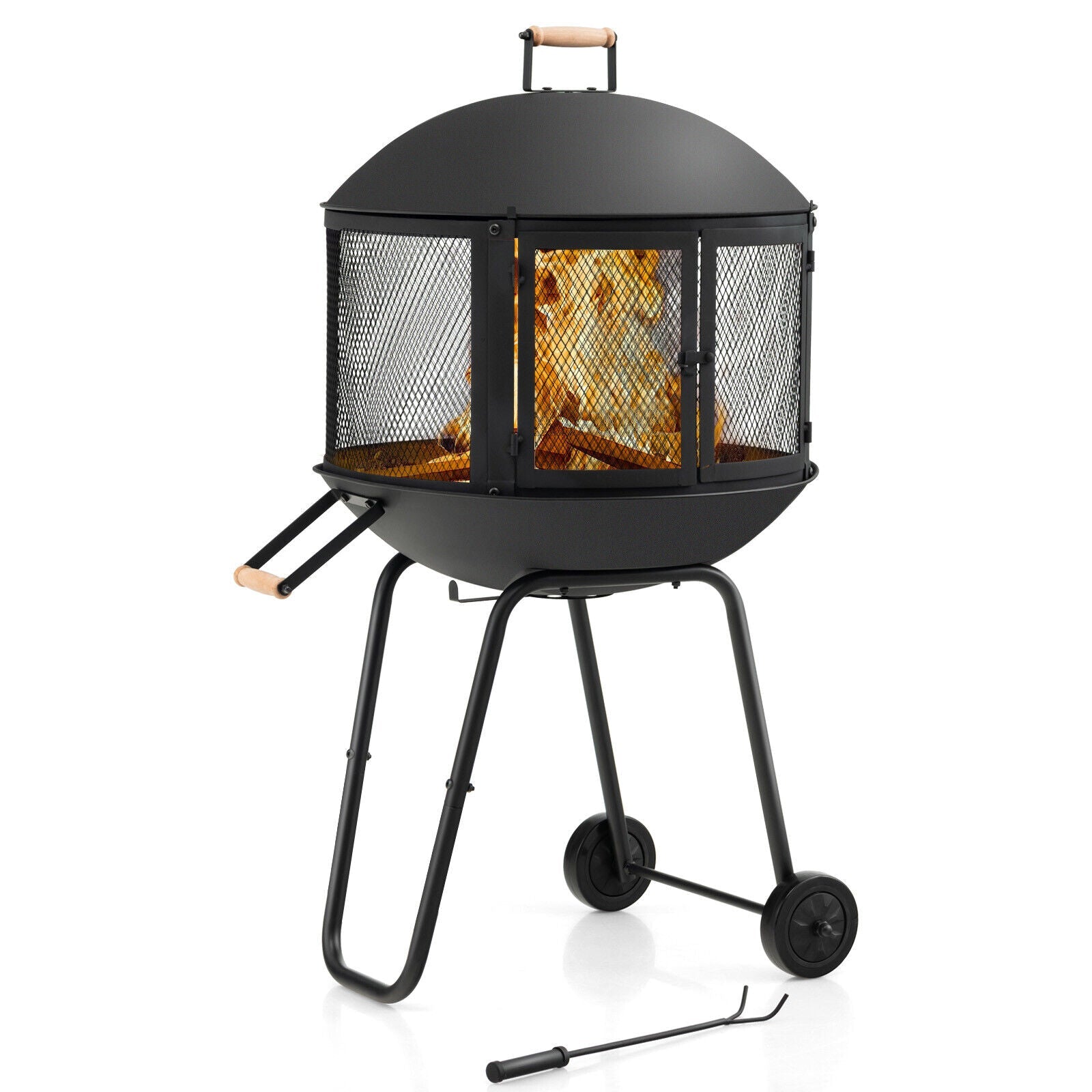 28 Inch Portable Fire Pit on Wheels with Log Grate-Black - Energize Trek