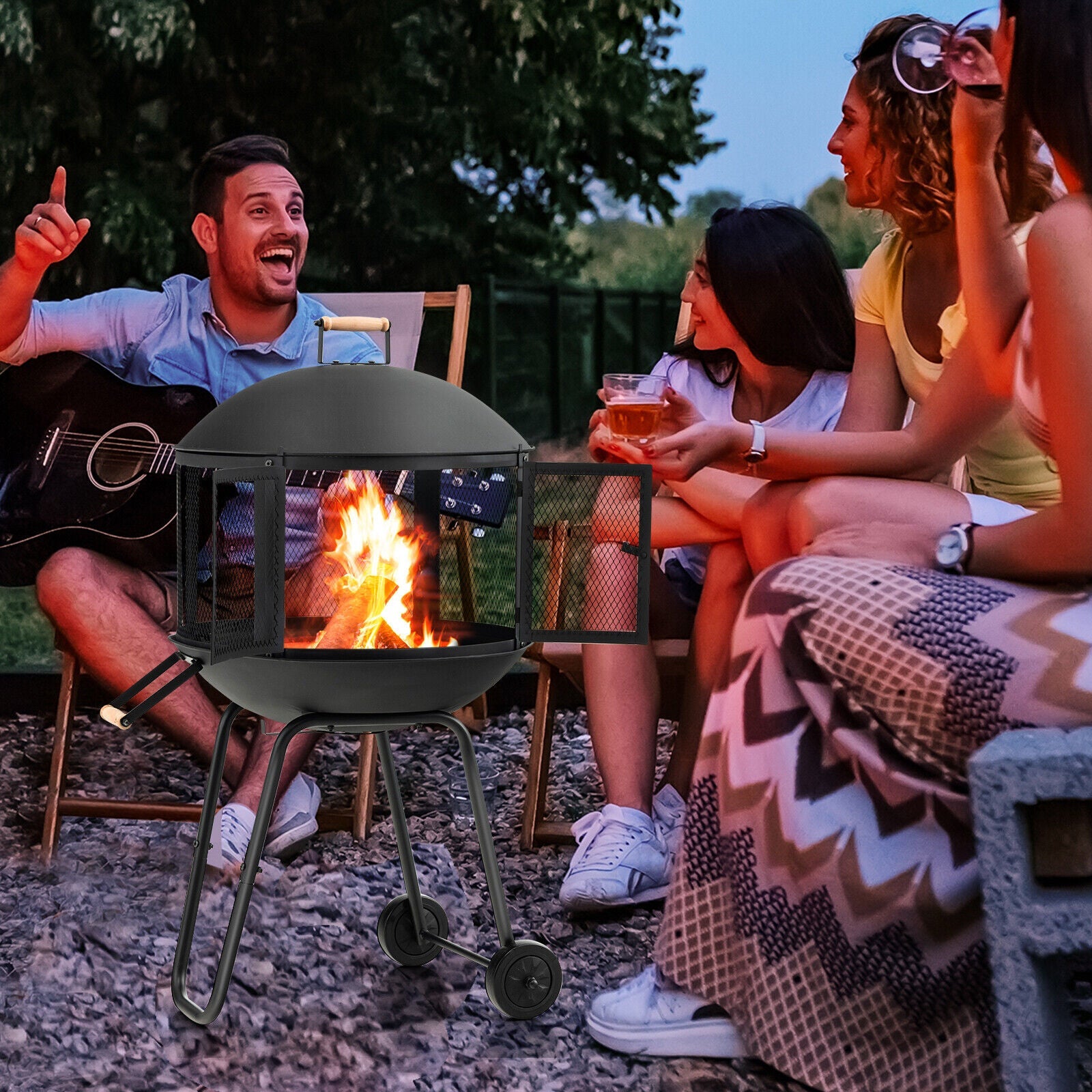 28 Inch Portable Fire Pit on Wheels with Log Grate-Black - Energize Trek