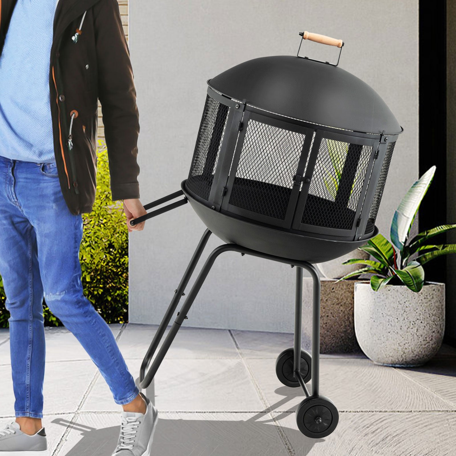 28 Inch Portable Fire Pit on Wheels with Log Grate-Black - Energize Trek