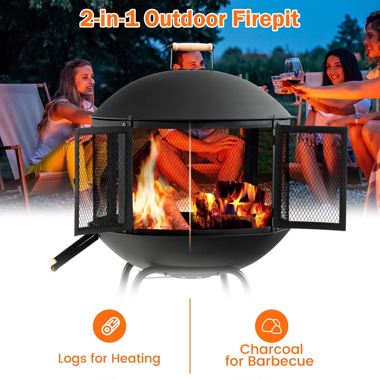 28 Inch Portable Fire Pit on Wheels with Log Grate-Black - Energize Trek