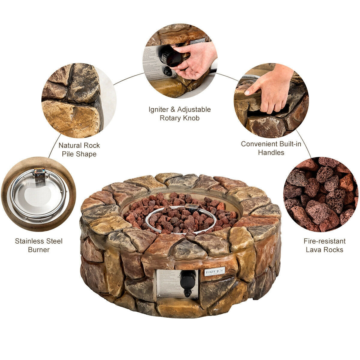 28 Inch Propane Gas Fire Pit Outdoor 40 000 BTU Stone-Brown - Energize Trek