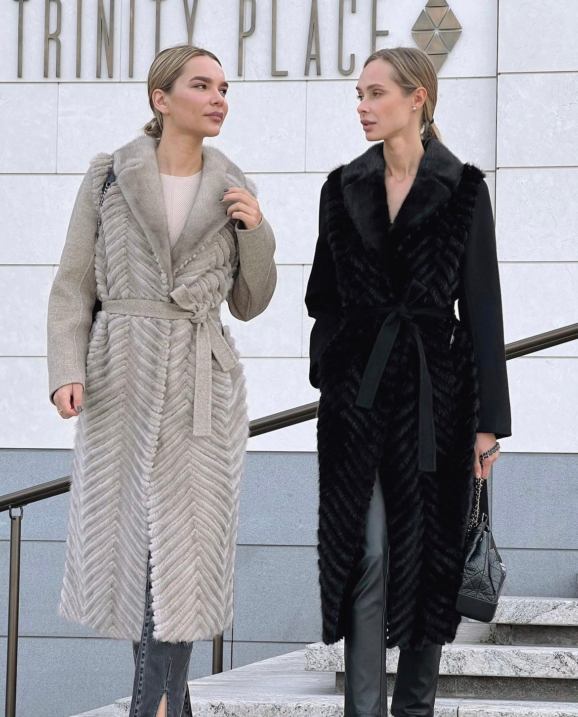 Genuine Mink Fur Rex Fur Trim Virgin Wool Coat in Beige - Energize Trek